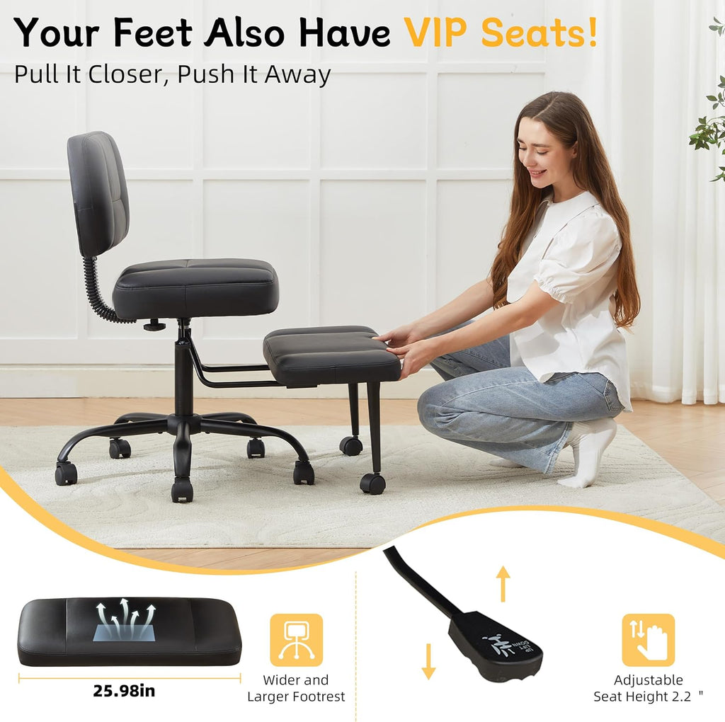 Cross Legged Office Chair with Wheels, Criss Cross Chair with Wider Thicken Seat, ADHD Meditation Chair with Adjustable Footstool for Adults, Yoga Office Chair, PU Black