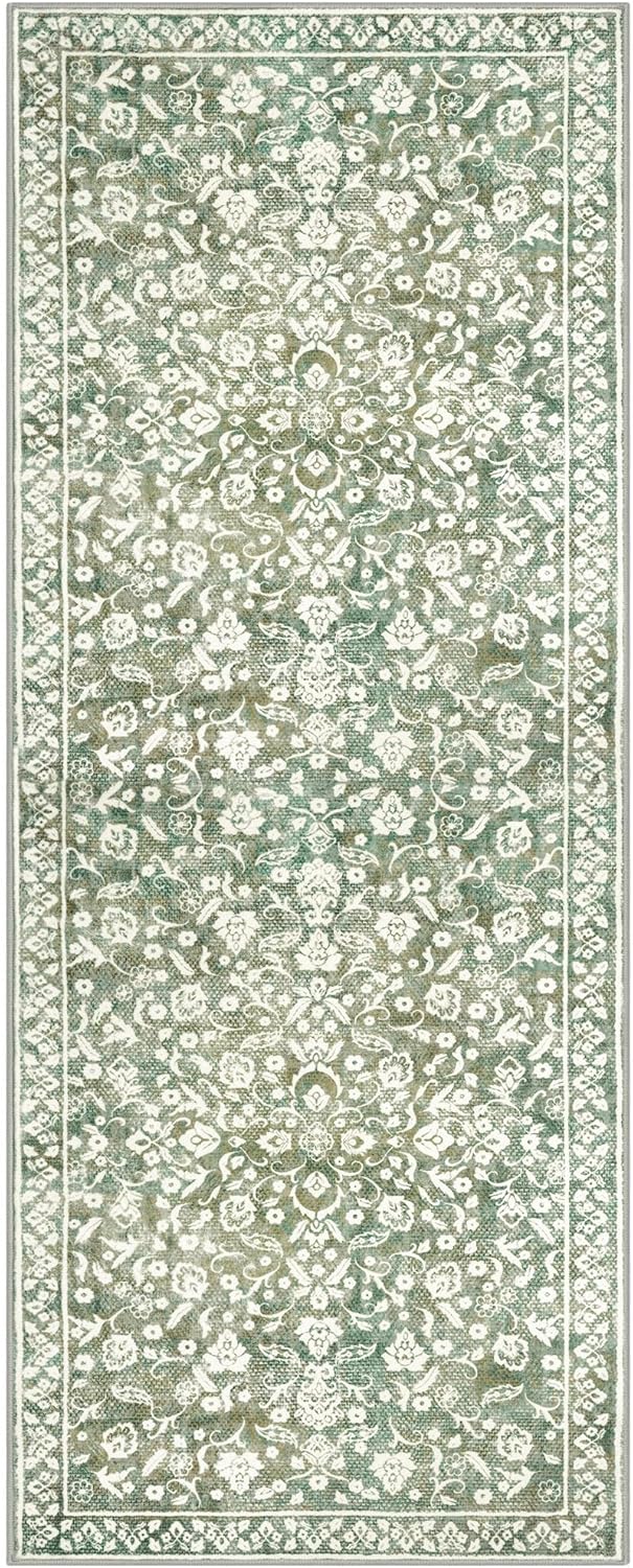 Vintage Washable Runner Rug 2x6, Sage Green Beige Runners for hallways, Super Soft Kitchen Runner Rug Non Slip, Printed Faux Wool Floral Thin Carpet Runner for Entryway Laundry Room Bedroom