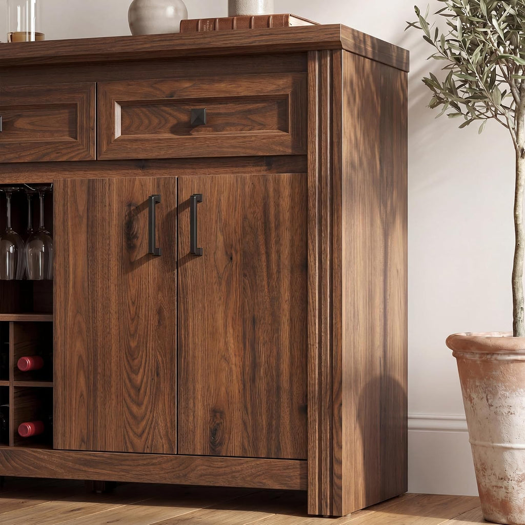 Buffet Sideboard with Storage, 55" Large Kitchen Storage Cabinet with 4 Doors, Wine Rack & Glass Holder, Farmhouse Wood Coffee Bar Buffet Table with Shelves for Kitchen, Dining Room, Walnut