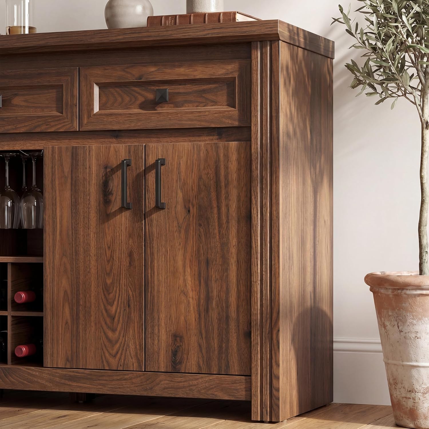 Buffet Sideboard with Storage, 55" Large Kitchen Storage Cabinet with 4 Doors, Wine Rack & Glass Holder, Farmhouse Wood Coffee Bar Buffet Table with Shelves for Kitchen, Dining Room, Walnut