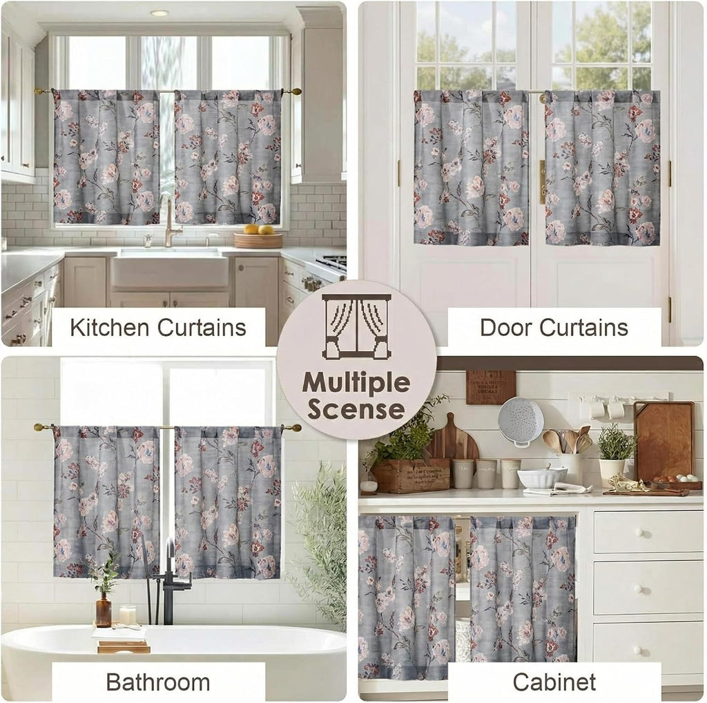 OWENIE Floral Kitchen Cafe Curtains - 36 Inch Length 2 Panels Set, Printed Light Filtering Textured Farmhouse Short Small Half Curtain Tier Drapes for Bathroom Basement, 2 Pcs Each 30W x 36L,Grey