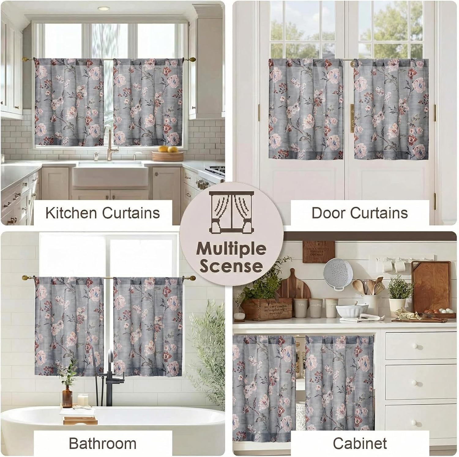 OWENIE Floral Kitchen Cafe Curtains - 36 Inch Length 2 Panels Set, Printed Light Filtering Textured Farmhouse Short Small Half Curtain Tier Drapes for Bathroom Basement, 2 Pcs Each 30W x 36L,Grey
