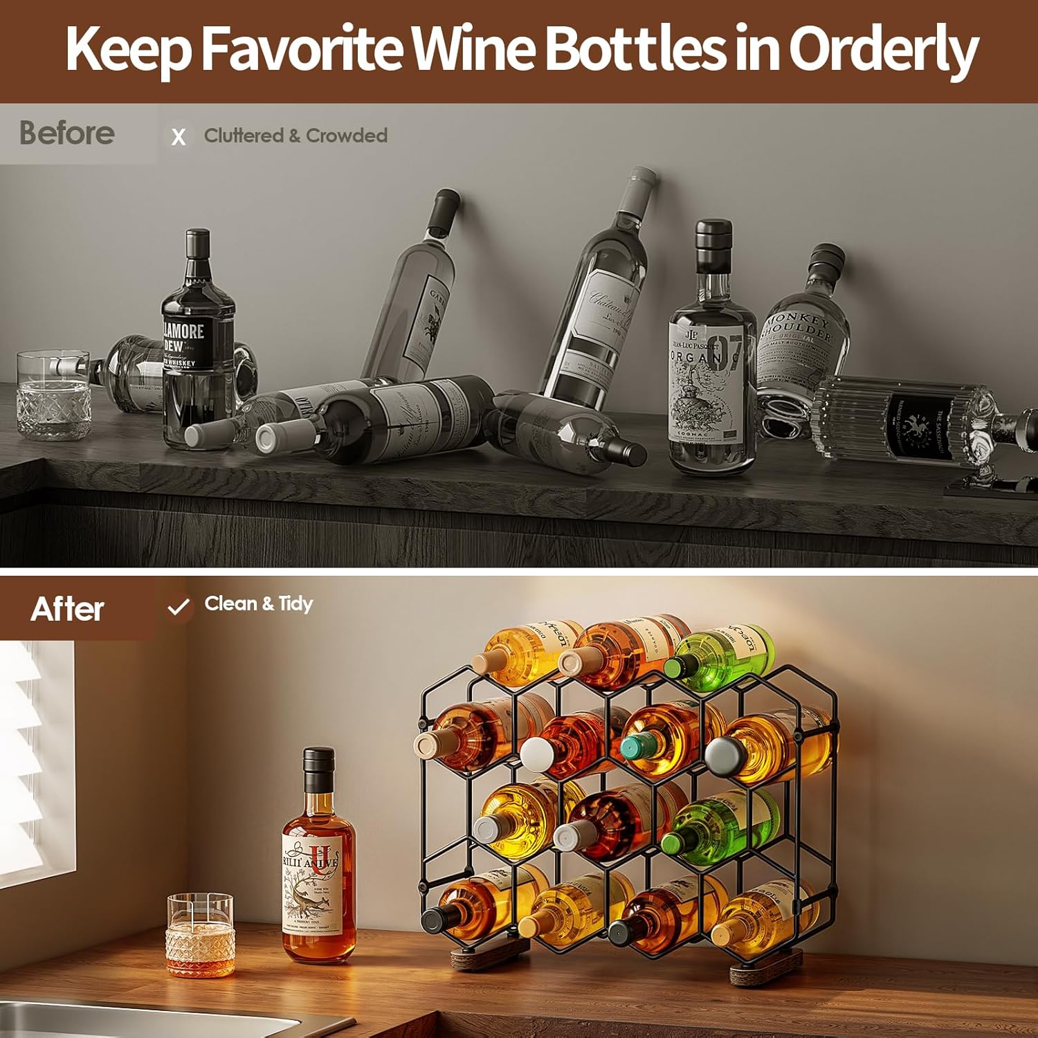 Nuovoware Countertop Wine Rack, 14-Bottle, 3 Tier, Black+Brown | Wine Bottle Organizer Storage, Freestanding Modern Carbon Steel Holder, Hexagonal Structure, for Cabinet, Pantry
