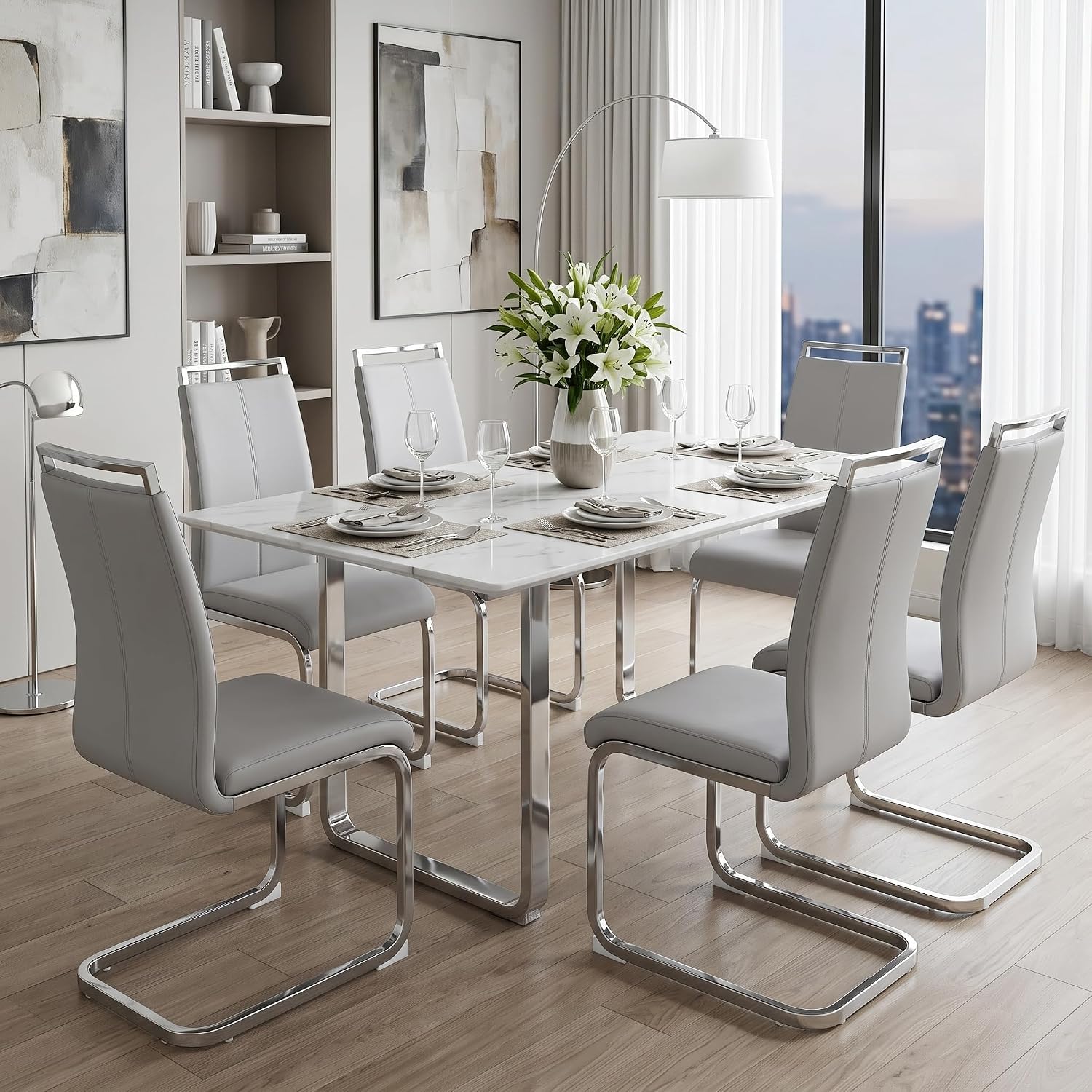 gopop Dining Chairs Set of 6, Faux Leather with Plated Chrome Metal Frame, Modern Kitchen Chairs with Padded Seat High Back for Dining Room, Kitchen, Living Room