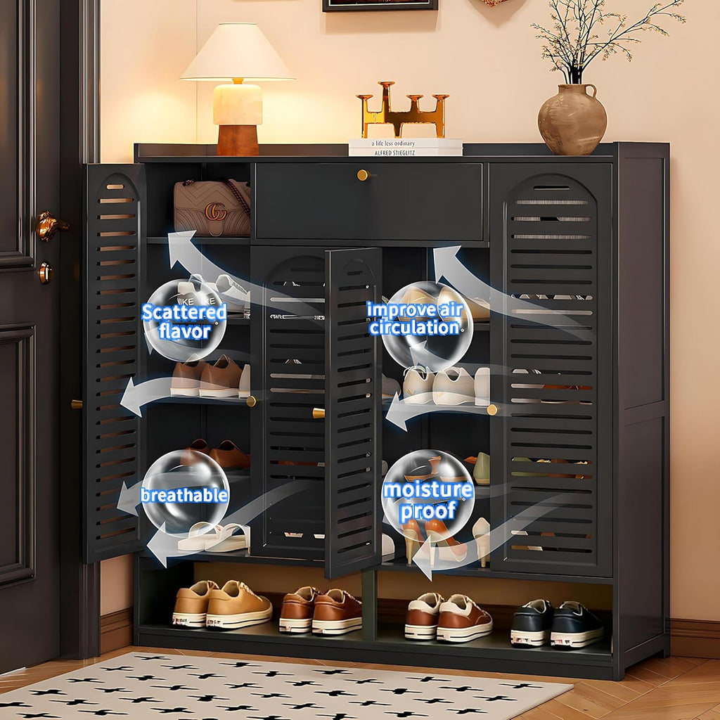 Shoe Cabinet with Louvered Doors, Freestanding Entryway Shoe Storage Cabinet with Drawer & Open Compartment, Modern Bamboo Shoe Rack Organizer with Thickened Adjustable Shelves for Closet