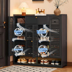 Shoe Cabinet with Louvered Doors, Freestanding Entryway Shoe Storage Cabinet with Drawer & Open Compartment, Modern Bamboo Shoe Rack Organizer with Thickened Adjustable Shelves for Closet