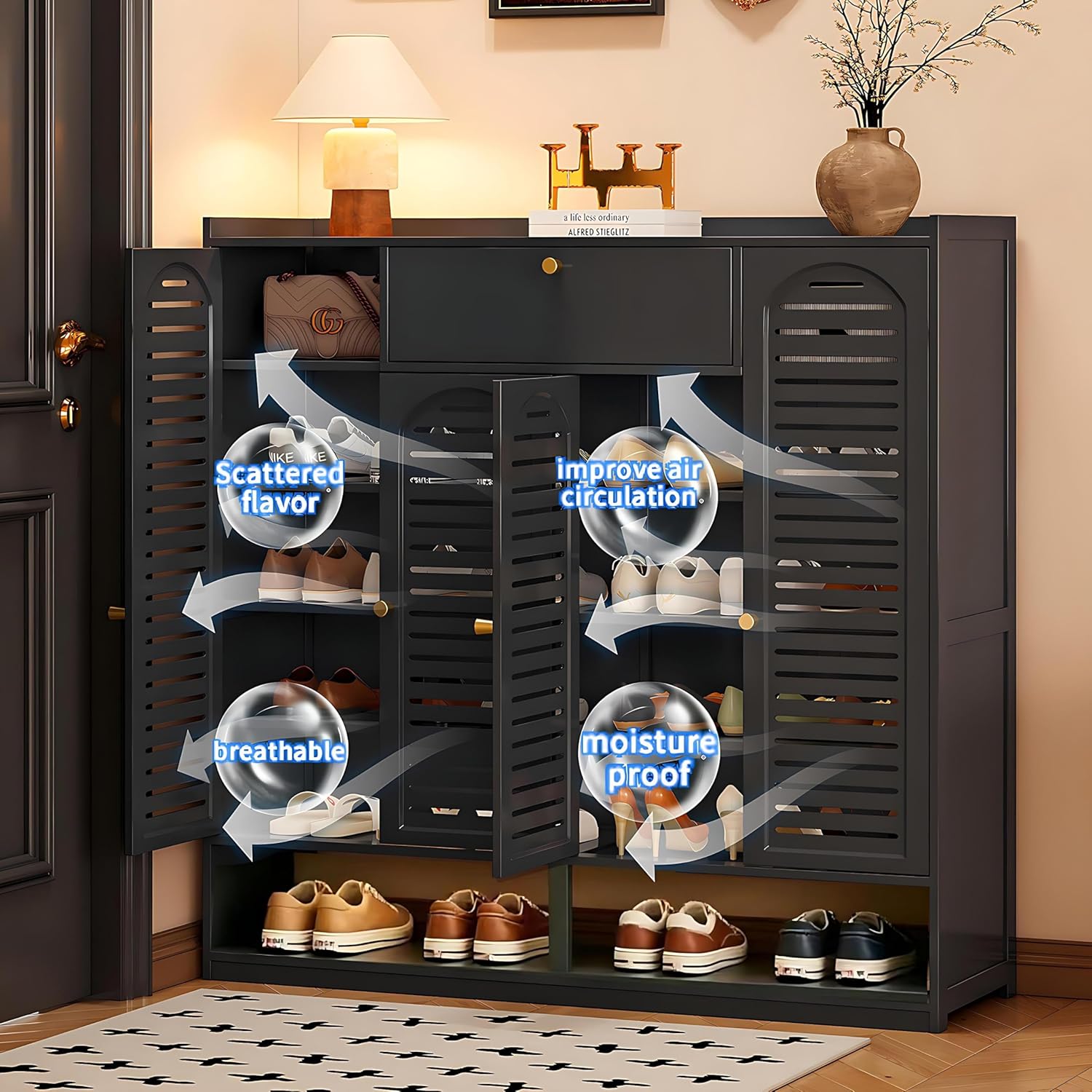 Shoe Cabinet with Louvered Doors, Freestanding Entryway Shoe Storage Cabinet with Drawer & Open Compartment, Modern Bamboo Shoe Rack Organizer with Thickened Adjustable Shelves for Closet