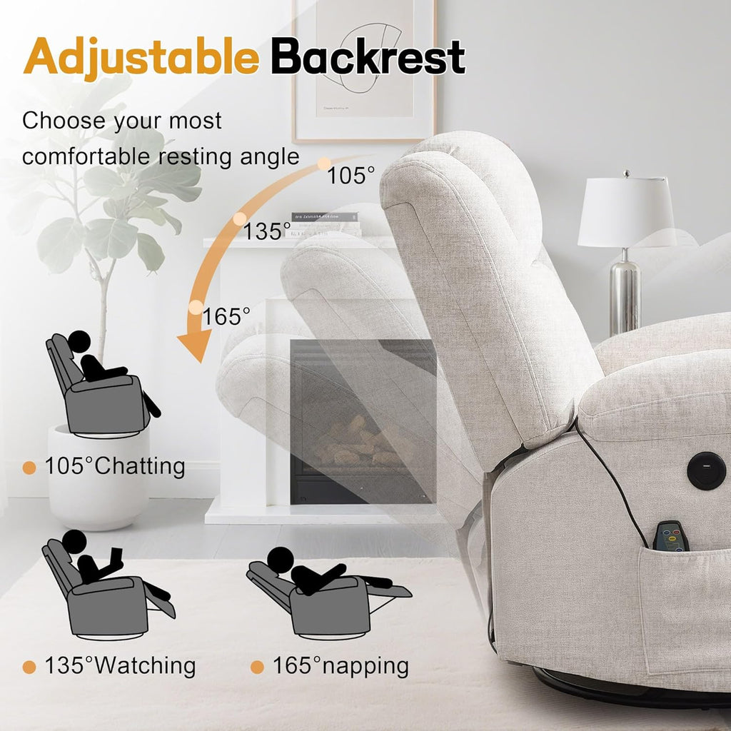 Korser Rocker Recliner, Glider Recliner Chairs for Adults, 360° Swivel Rocking Chair with Massage and Heating, Nursery Chair with Storage and USB Charging, Ivory White, Swivel Rocker Recliner