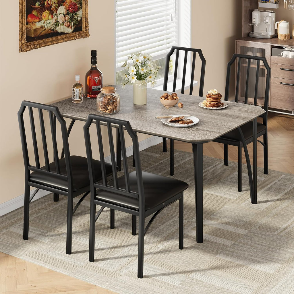 GAOMON 5-Piece Dining Table Set for 4, Modern Kitchen Table with Chamfered Design and Upholstered Chairs, Leather-Cushioned Seats for Small Spaces and Apartments, Space-Saving (Gray/Black,5 Pack)