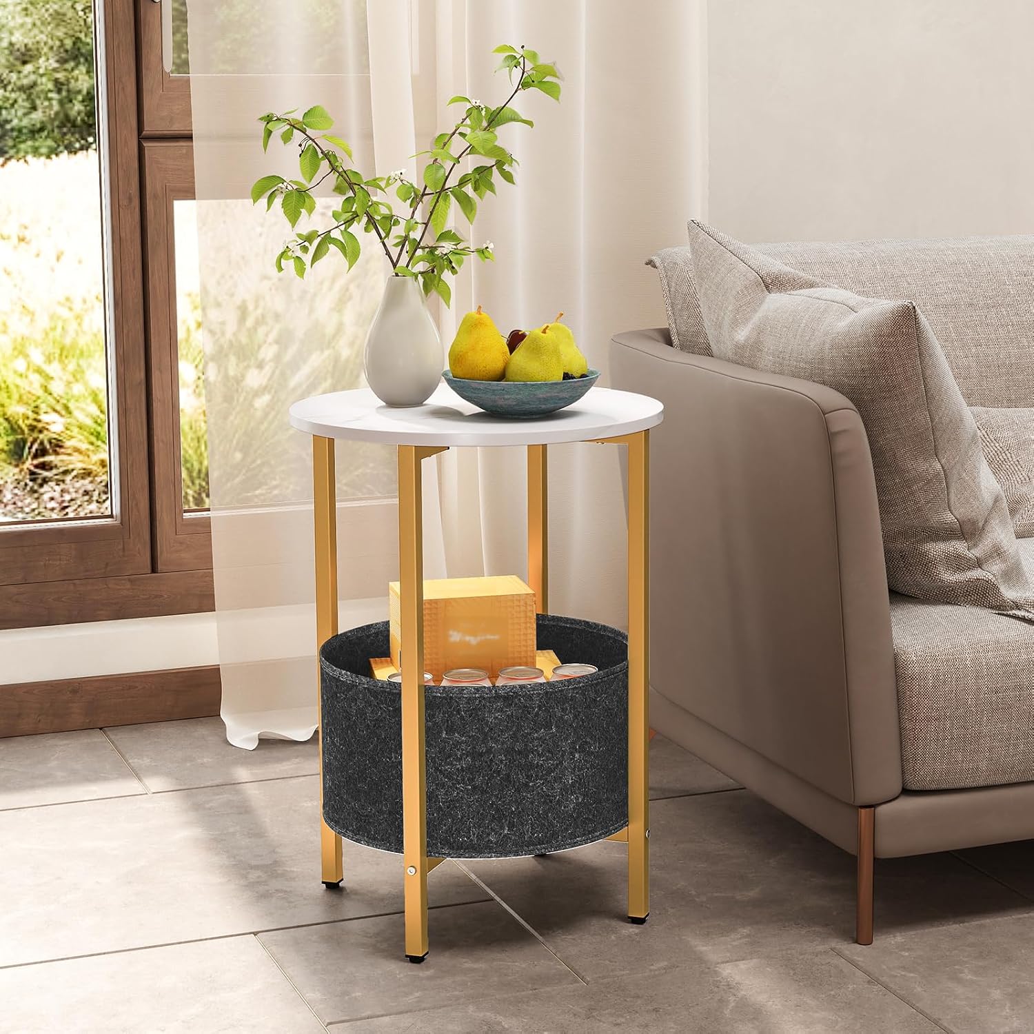 Giantex Round End Table, Small Side Table with Removable Fabric Basket, Modern Bedside Table with Metal Frame, Sofa Couch Accent Table for Small Space Living Room, Nightstand for Bedroom, White