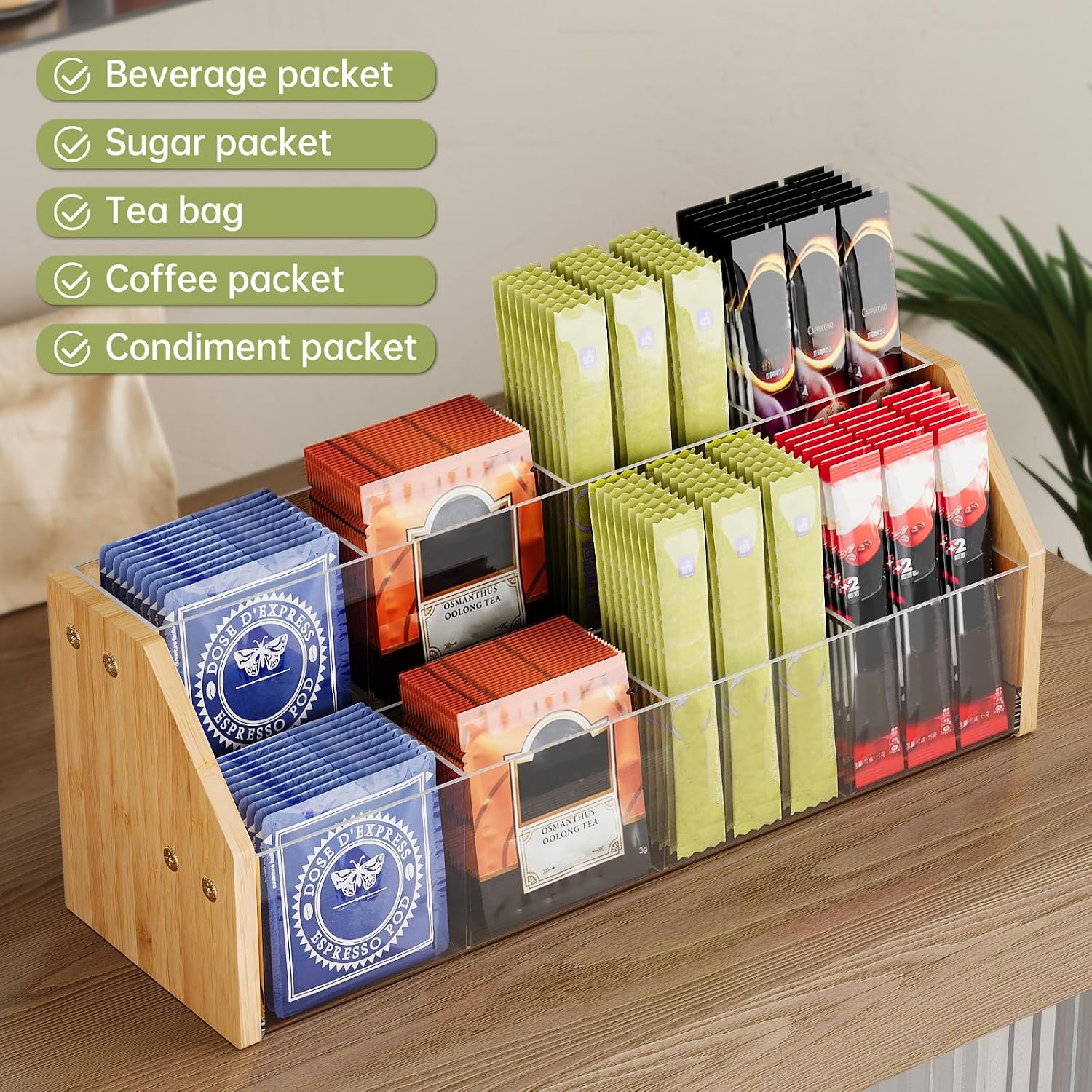 NiHome 2-Tier Drink Packet Organizer, 8 Slot for Sugar Packets, Tea Bags