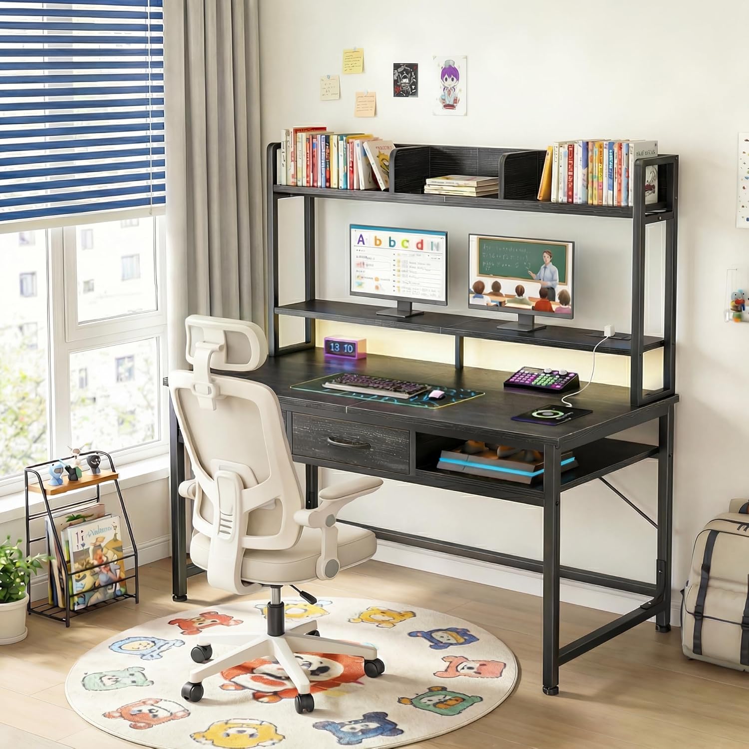DurayLoly 39.4" Computer Desk with Hutch & Monitor Stand,Gaming Desk with Shelves & Drawers, Writing Desk with LED &Power Outlet,Office Desk,Study Desk for Bedroom Home Office,Small Space,Black