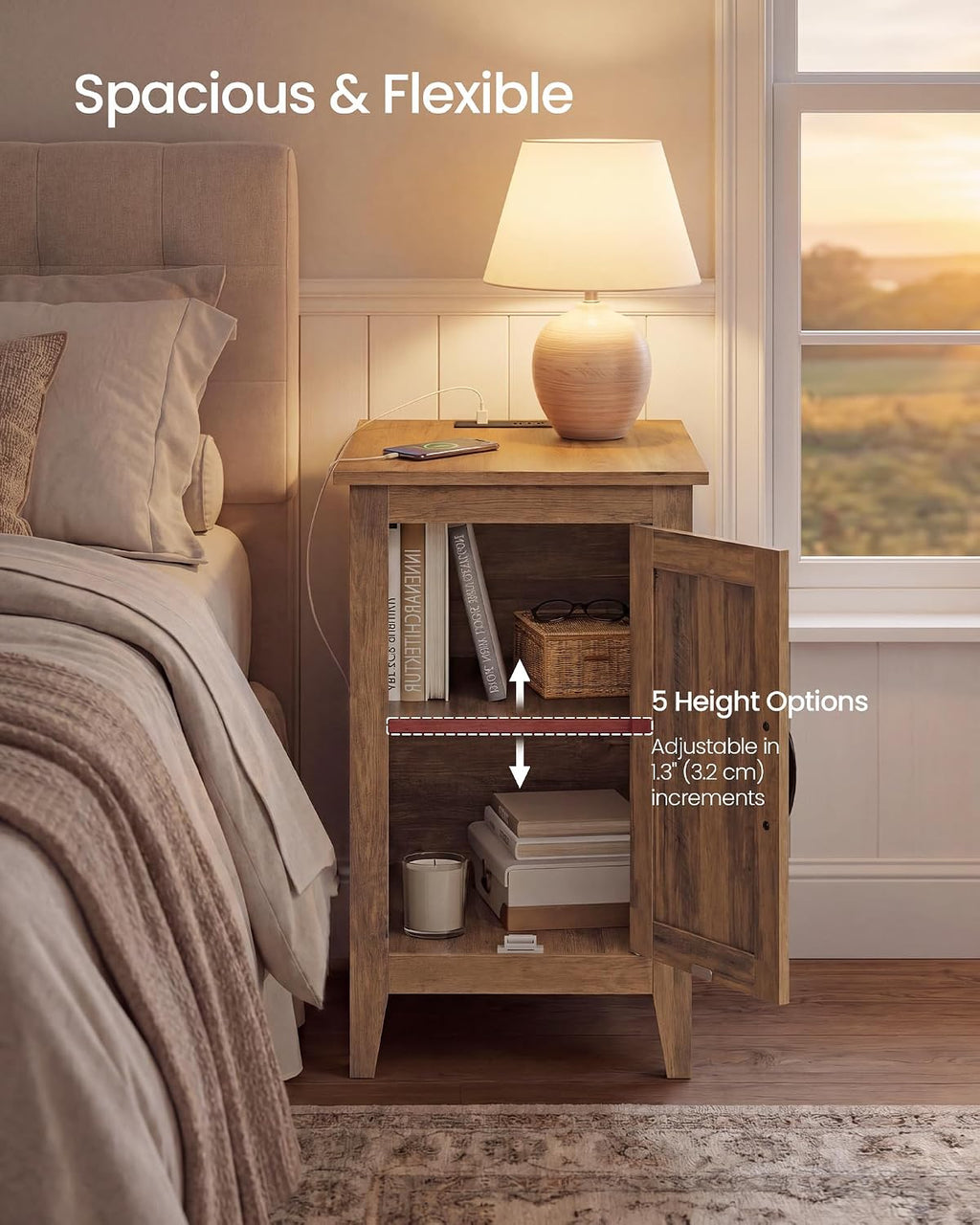 VASAGLE LIRY Collection - End Table with Charging Station, Side Table with Storage Cabinet, Night Stand for Living Room, Bedroom, Home Office, Warm Brown ULET131K101S