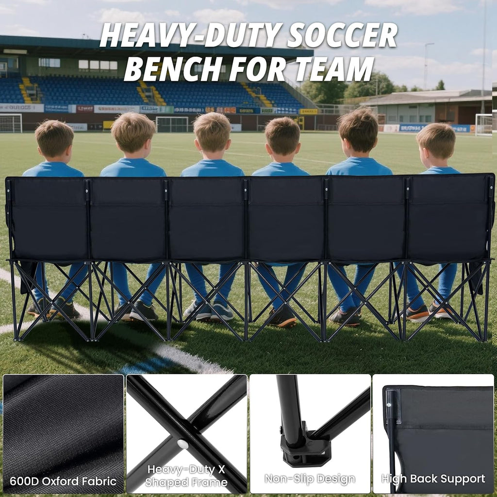 Begonia.K 6 Seats Portable Folding Soccer Benches for Team - Foldable Sideline Bench with Pockets & Carry Bag - Lightweight Team Chair for Football Camp Outdoor Sports Events
