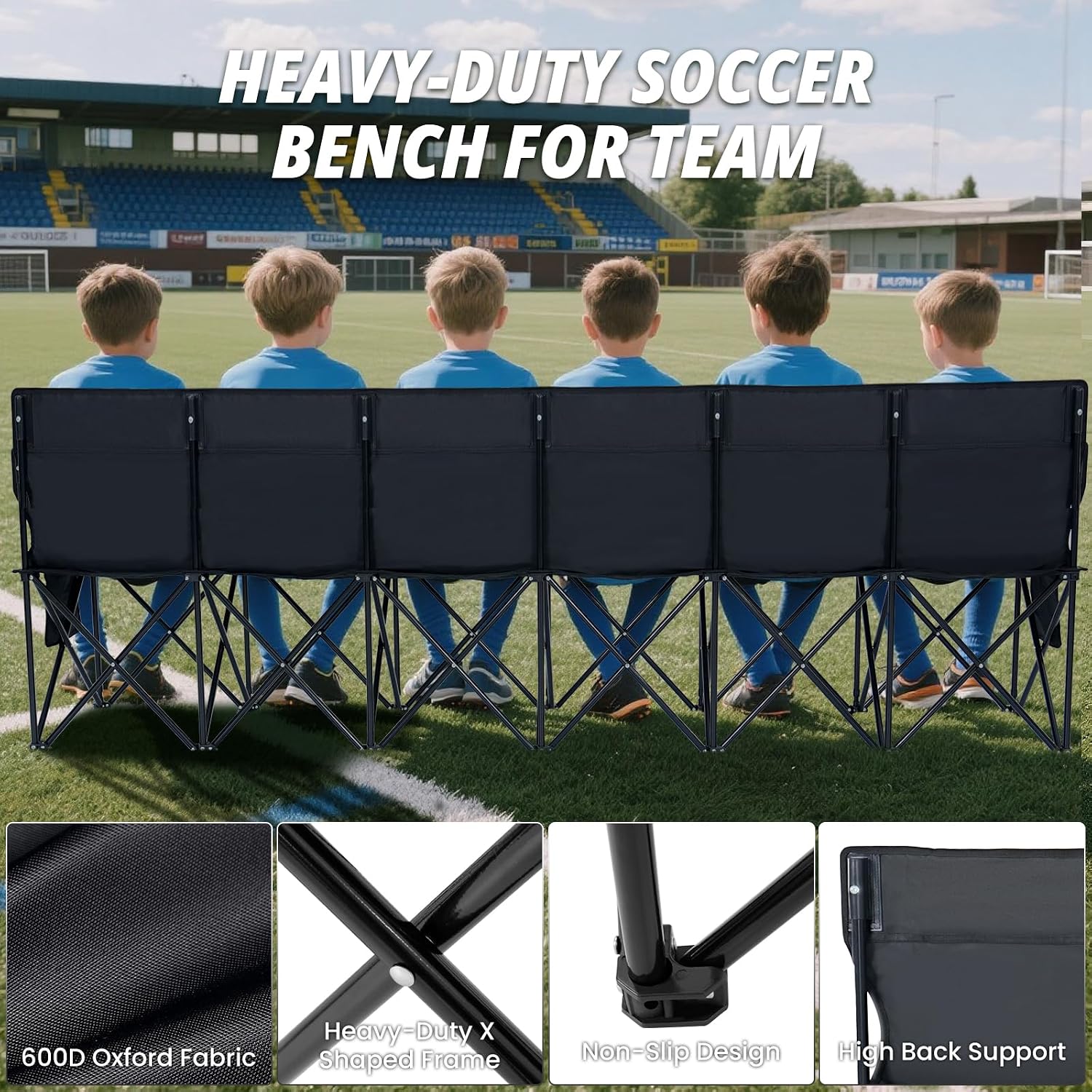 Begonia.K 6 Seats Portable Folding Soccer Benches for Team - Foldable Sideline Bench with Pockets & Carry Bag - Lightweight Team Chair for Football Camp Outdoor Sports Events