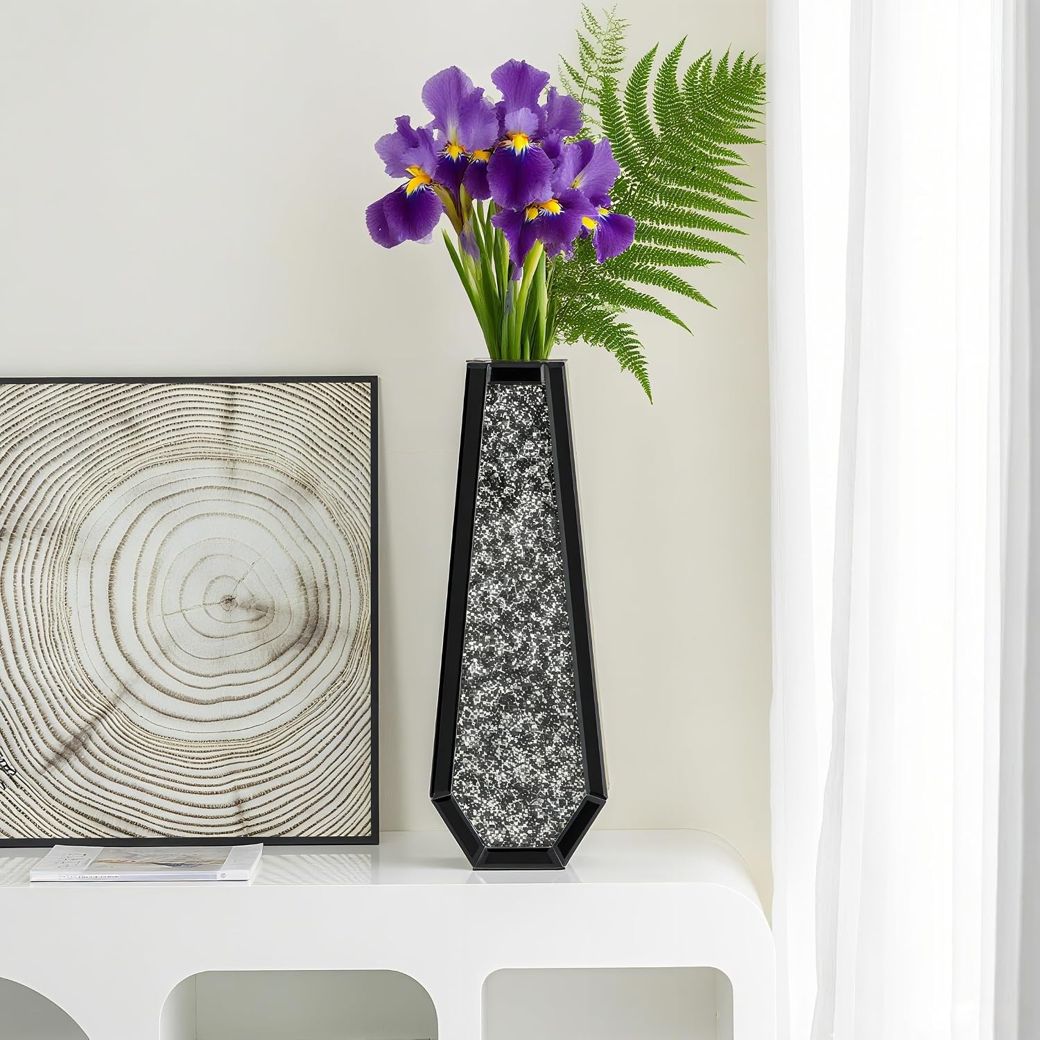 SHYFOY 24" Black Floor Vase, Black Crushed Diamond Tall Vases for Floor, Elegant Black Crystal Glass Vase for Pampas Grass Mirrored Decorative Flower Vase for Office Home Decor