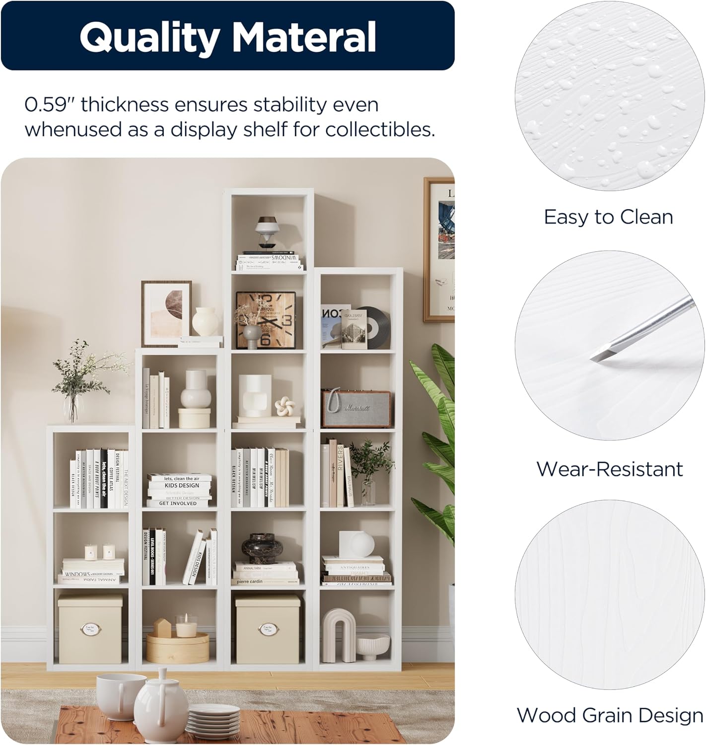 8 Cube Storage Organizer, Cube Shelf with Heavy-Duty Thick Boards, 25.12" L x 9.37" W x 48.74" H, Smooth Easy-Clean Panels, Simple Assembly, for Living Room Bedroom Office, White