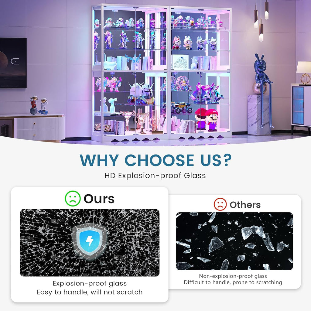 Large Display Cabinet with Glass Doors, 8-Tier RGB Curio Cabinet with Smart Human Induction & Remote Control, 73" Tall Stable Glass Display Case for Collectibles, Figures, Lockable Storage, White