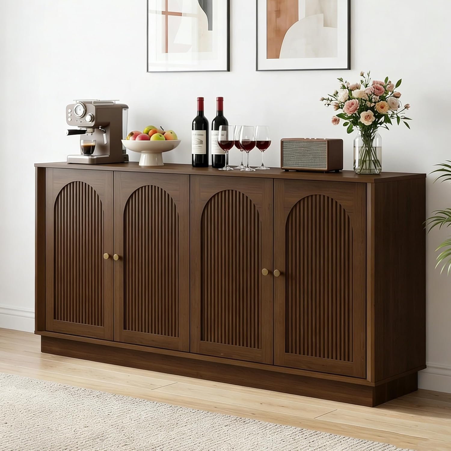 63" Buffet Sideboard Cabinet with Storage, Modern Credenza w/4 Fluted Arched Doors & Adjustable Shelves, Wood Accent Cabinet Coffee Bar Console Table for Living Room Kitchen (Walnut)