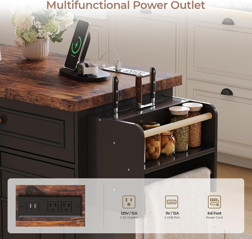 58 Inch Kitchen Island with Storage Cabinet, Island Table for Kitchen, Rolling Islands Cart with Power Outlet, Adjustable Shelves, Drawers, Spice and Towel & Knife Racks, Black