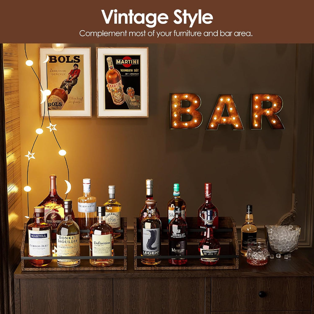 Nuovoware Liquor Bottle Display Shelf, Coffee Syrup Organizer, 2 Step Countertop Liquor Wine Rack, Home Retro Shelf Stand for Mini Bar, Cabinet, Bar Essentials for Whiskey, Spirits, Dark Wood