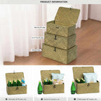 Nonam Storage Basket with Lid, Natural Seagrass Bin with Lid Set of 3, Shelf Baskets Multipurpose Container for Boho Decoration, Rectangular Storage Boxes for Home Organization- Dark Moss Green