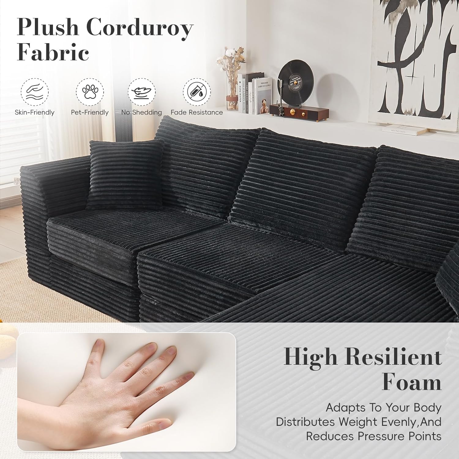 106” Modular Sectional Sofa,Modular Cloud Sofa L-Shaped Cloud Couch with High-Density Foam & Corduroy Fabric,Boneless Couch Deep Seat Couch for Living Room Apartments Bedroom No Assembly Required