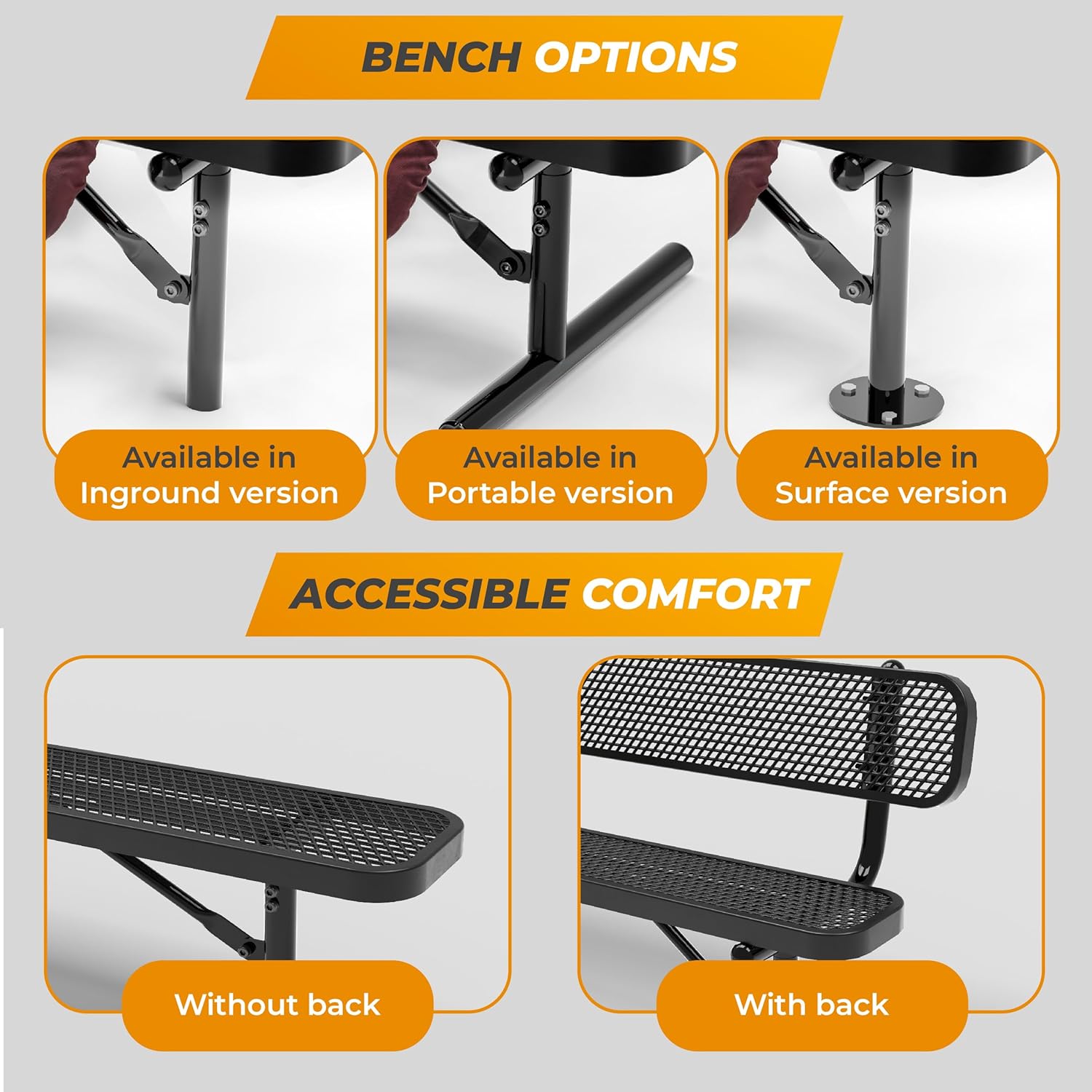 Heavy-Duty Outdoor Metal Bench, Thermoplastic-Coated, Inground, Weatherproof, Commercial-Grade for Parks, Gardens, Patios, Stores & More (6 Ft - Inground with Back, Black)