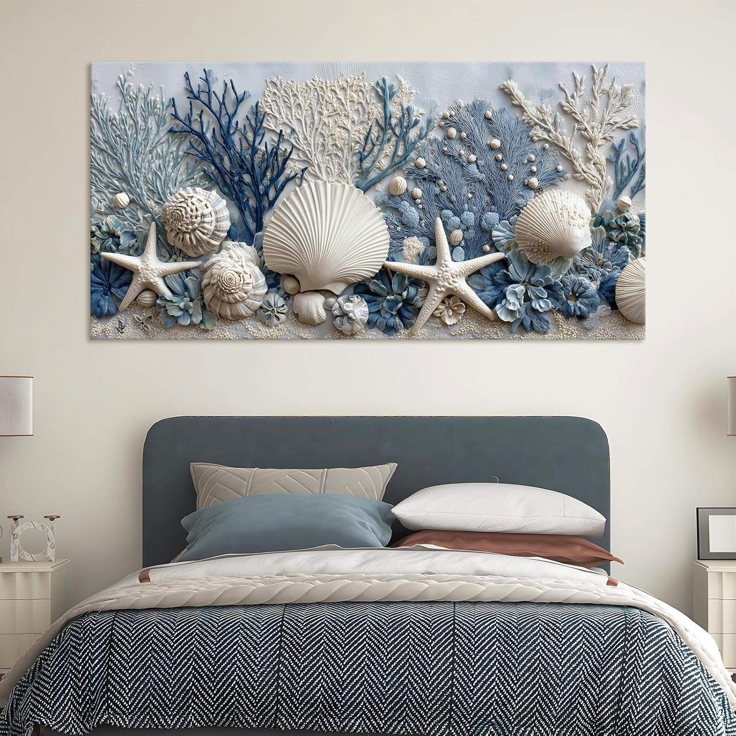 llribbons Coastal Seashell Canvas Wall Art Living Room Bathroom Decor Starfish Coral Seascape Painting Modern Ocean Artwork Prints for Bedroom Beach House Home Decoration Ready to Hang 12" x 24"