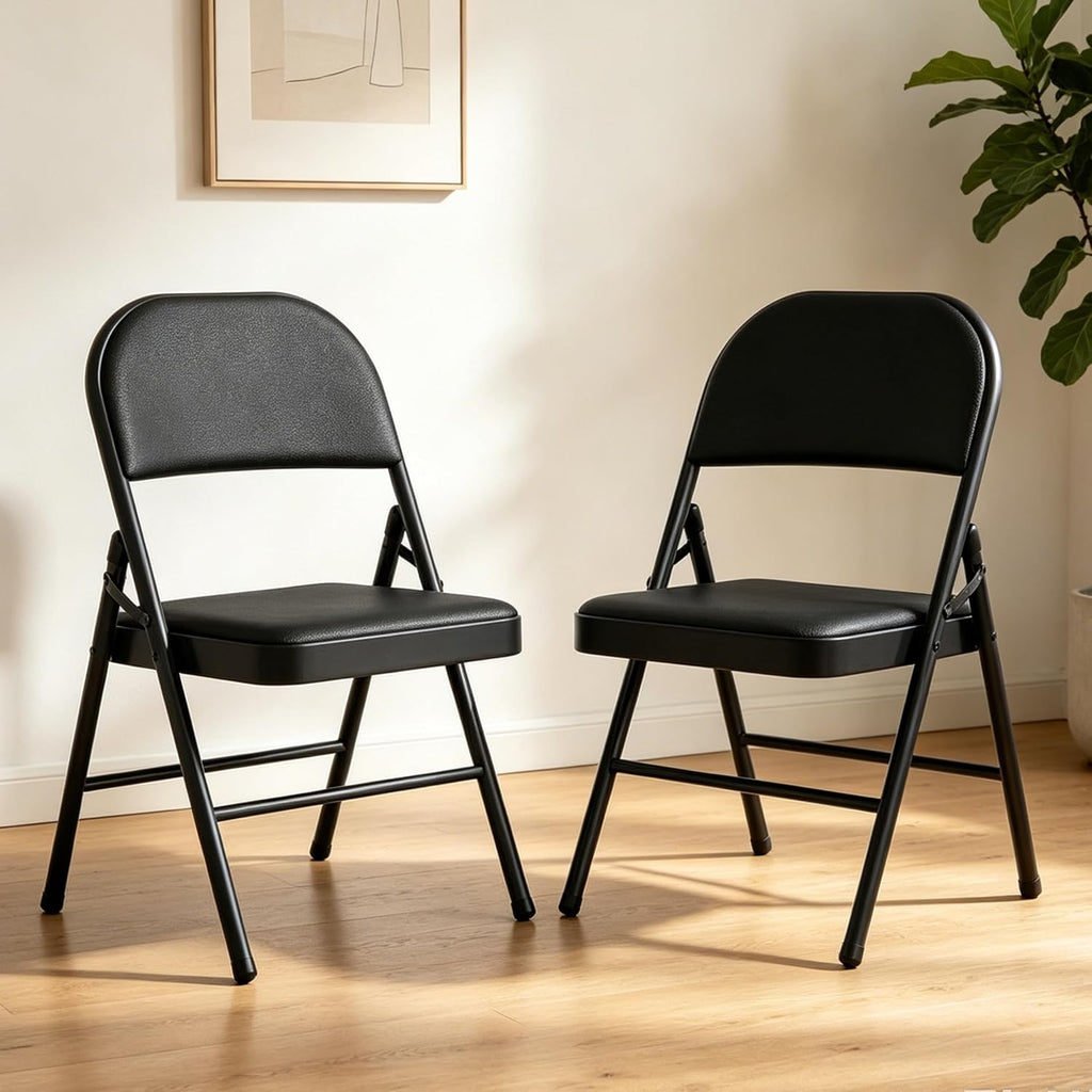 SHGJ&SOFT Set of 2 Folding Chairs with Padded Seats and Backs, Black Metal Frame Chair for Indoor and Outdoor, Home Office, Dorm, Party, Backyard, Lawn, Patio(Black, 2-Pack)