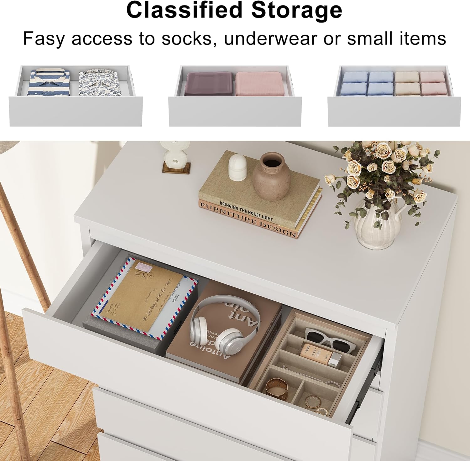 Jocoevol White 5 Drawer Dresser for Bedroom, 15" D x 23.7" W x 40.4" H in Simply Modern Chest of Drawers, Wood Storage Dresser with Deep Drawers for Living Room Hallway Entryway, White
