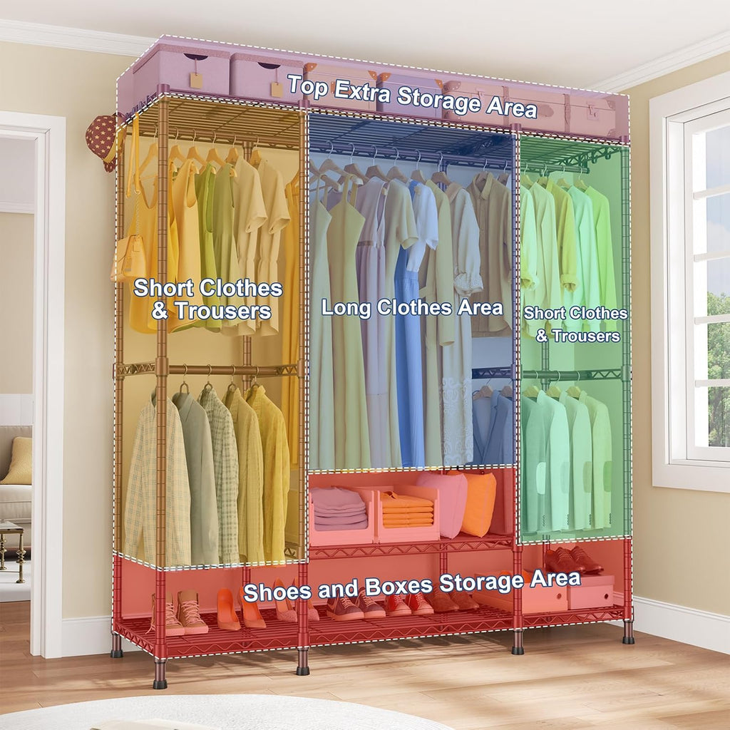 Ulif E3 Heavy Duty Garment Rack, 4 Tiers Freestanding Closet Organizer System with 5 Shelves, Metal Closet Organizer and Storage System for Clothes, Max Load 850lbs, 58.4"W x 15.7"D x 77.3"H, Bronze