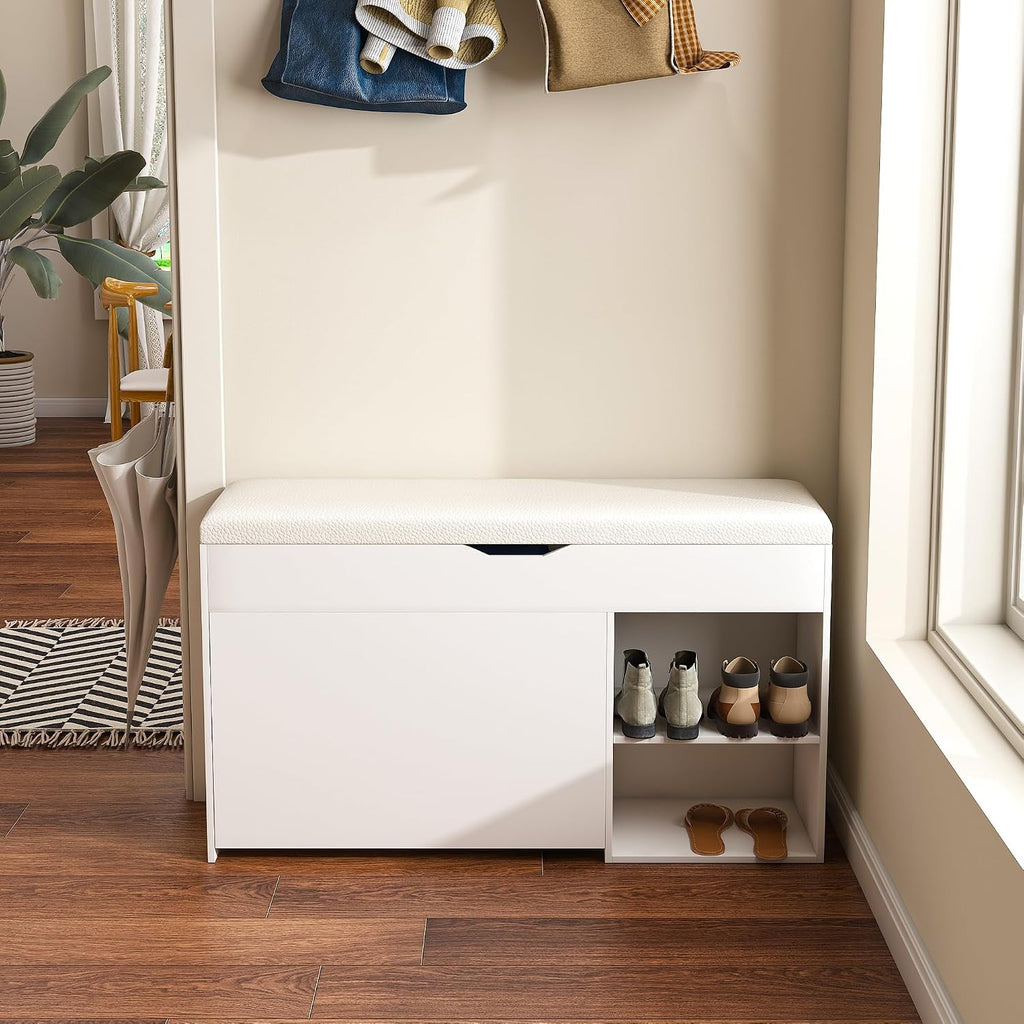Shoe Storage Bench with Flip-Out Rack, Hidden Compartment, Open Shelves, White, 31.50" x 11.81" x 20.47