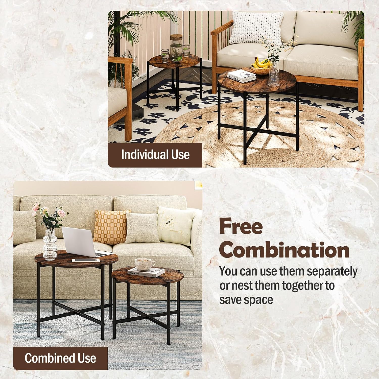 GOFLAME Nesting Coffee Table Set of 2, Round Coffee Tables with Wood Tabletop & Heavy-Duty Metal Frame, Modern Circle End Table & Side Tables, Nesting Tables for Living Room, Bedroom (Rustic Brown)