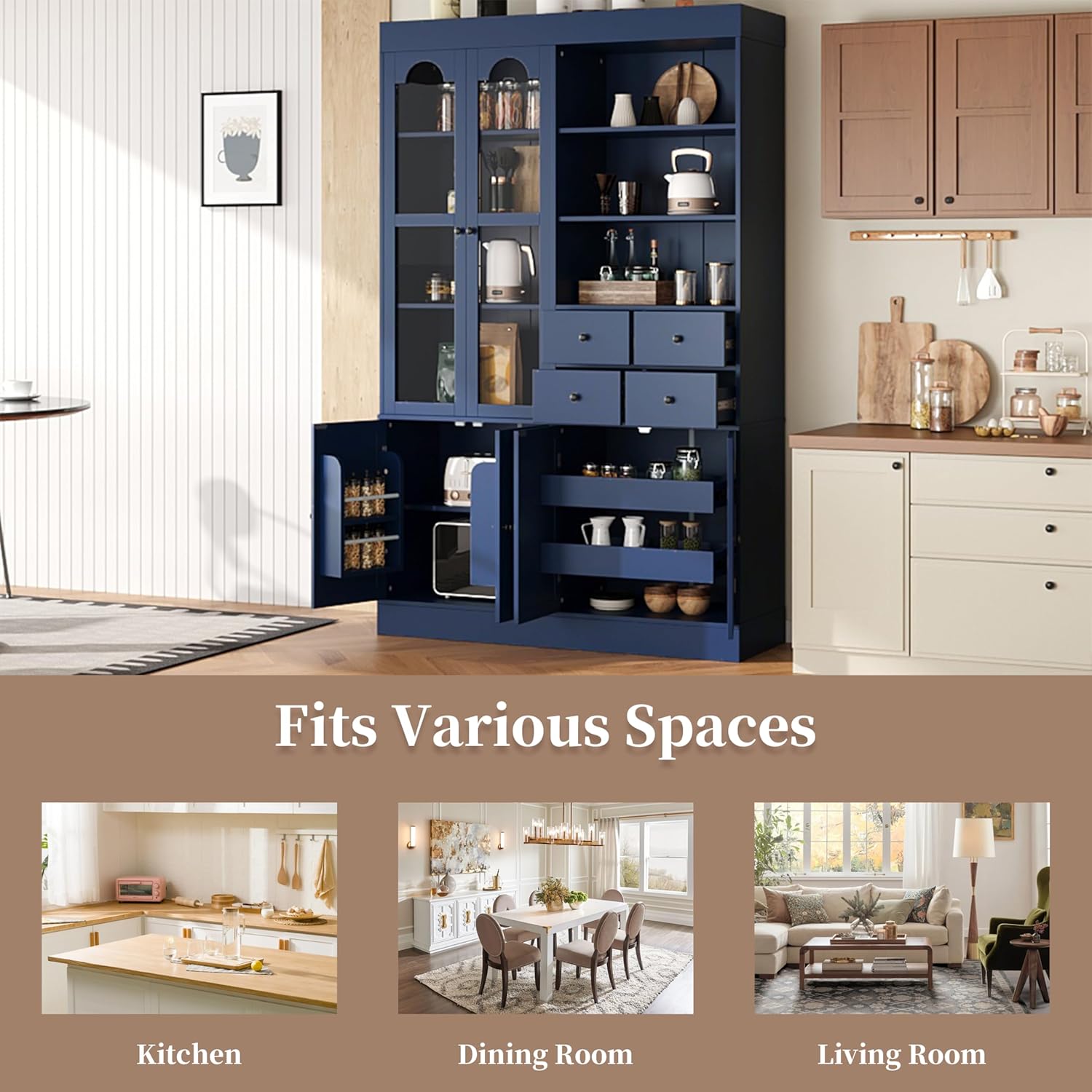 Polibi Freestanding Buffet with Hutch, Tall Kitchen Pantry Cabinet with 4 Drawers, Door Shelves,Glass Doors & Pull-Out Trays, for Dining Room Living Room,47.2x15.7x75inch,Blue