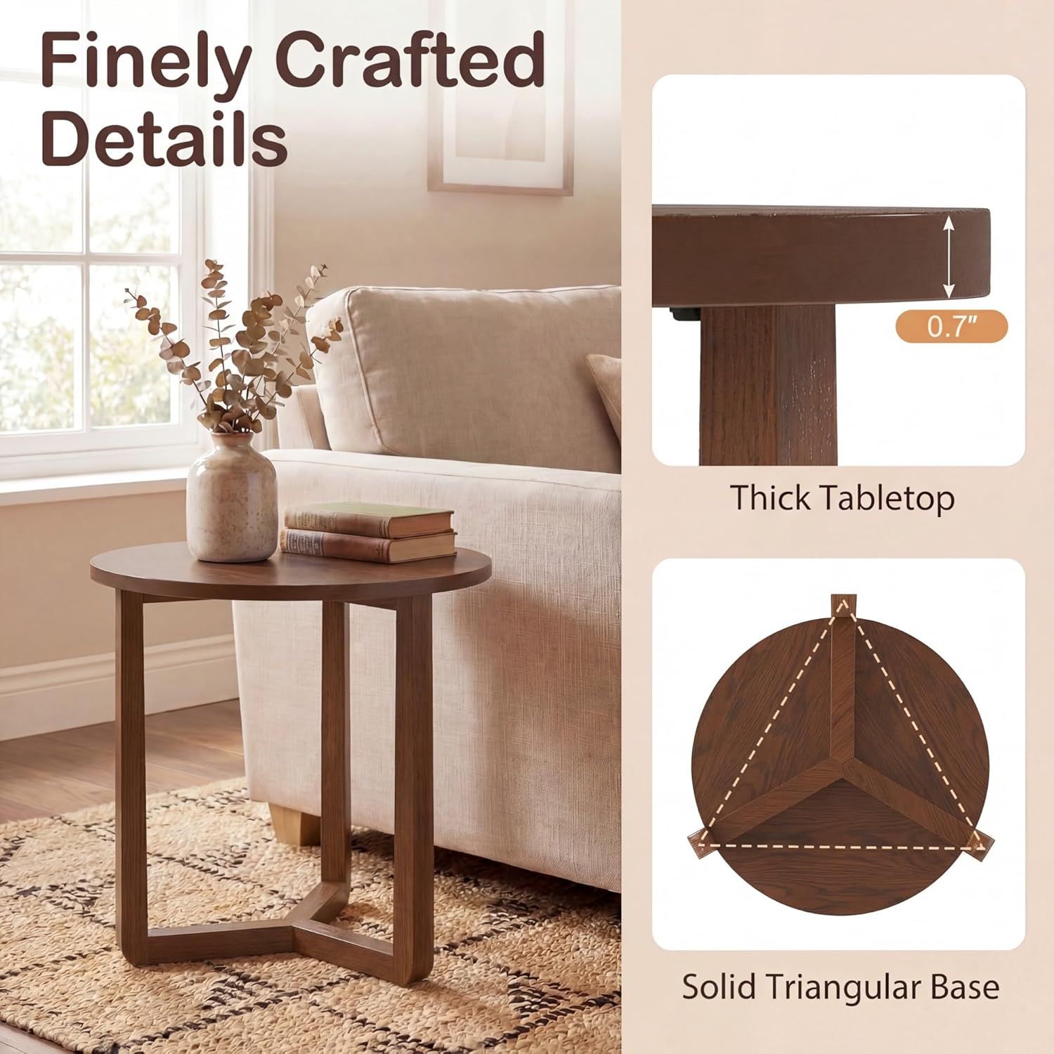 Tangkula Farmhouse Side Table, 22.5” Round End Table with Solid Rubber Wood Legs, Compact Nightstand Bedside Table for Small Spaces, Accent Table for Living Room Bedroom (Walnut,1)