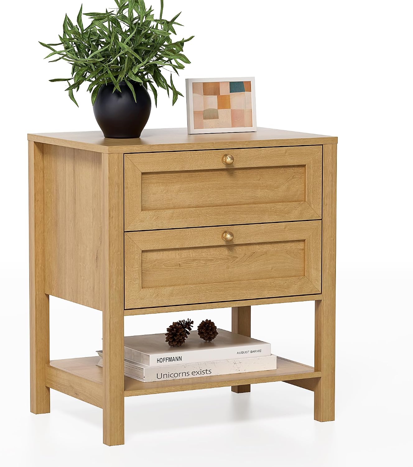 End Table with 2 Drawers, Farmhouse Nightstand with Open Shelf, Modern Bedside Cabinet Side Table Night Stand for Bedroom, Living Room, Natural Oak