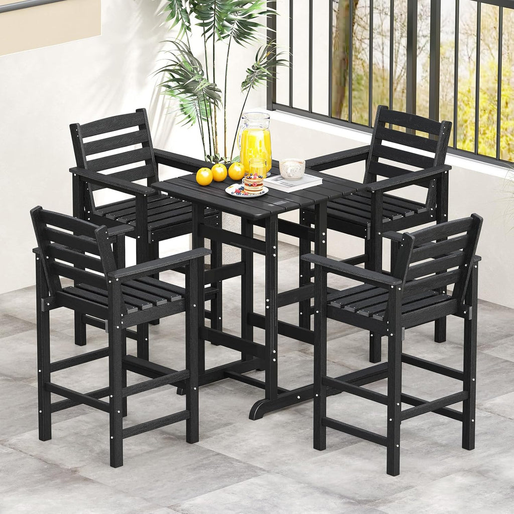 Tangkula Patio Adirondack Chairs Set of 2, HDPE Bar Height Chair with Wide Armrests & Footrest, Outdoor High-Top Slatted Bar Chairs with Backrest for Backyard, Lawn, Poolside (2, Black)