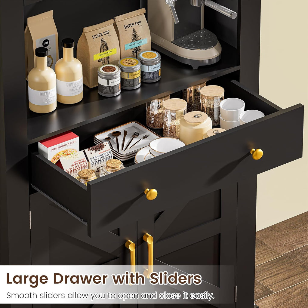 DINGIPP 73" Pantry Cabinet with Charging Station & LED Light, Tall Kitchen Pantry Cabinet with Microwave Stand and 1 Large Drawer, Kitchen Storage Cabinet with 4 Doors for Kitchen, Dining Room, Black