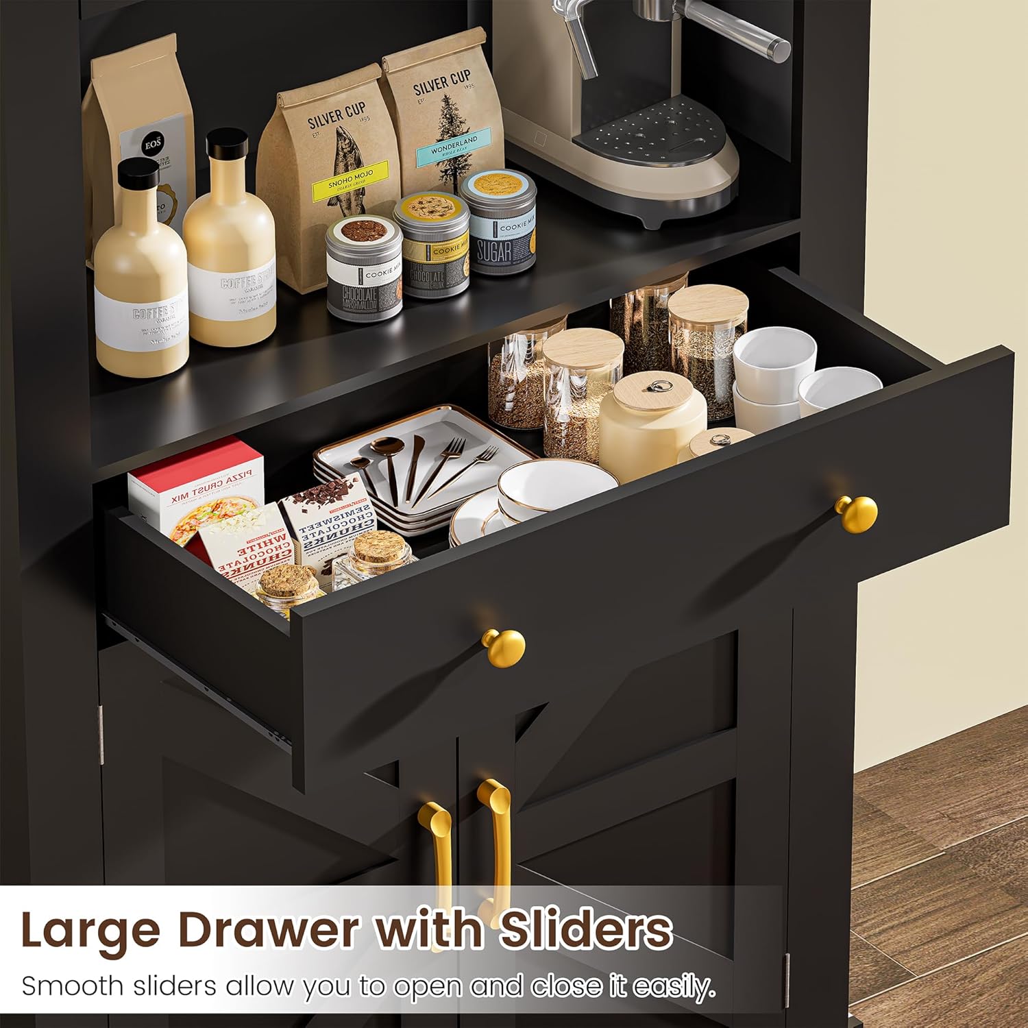DINGIPP 73" Pantry Cabinet with Charging Station & LED Light, Tall Kitchen Pantry Cabinet with Microwave Stand and 1 Large Drawer, Kitchen Storage Cabinet with 4 Doors for Kitchen, Dining Room, Black
