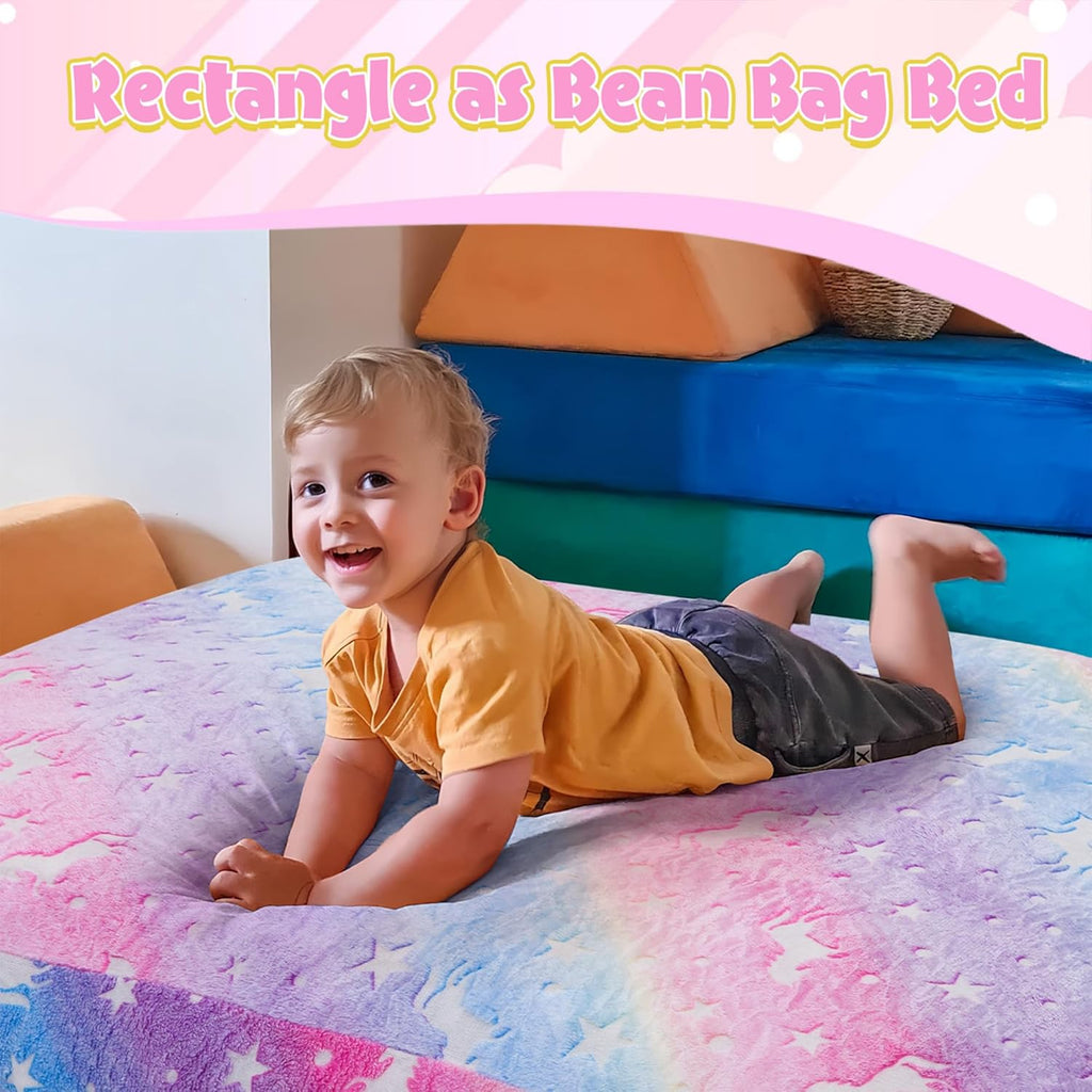COMAX Bean Bag Chair for Kids, Toddler Beanbag Bed Unicorn, Convertible Children Bean Chair to Floor Mattress with Filler, Stuffed Child Bean Bags for Girl Boy Sleeping, Colorful Rainbow