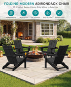 SERWALL Double Cups Adirondack Chair Set of 4, Folding Modern Adirondack Chairs, HDPE Outdoor Adirondack Chair for Patio, Black