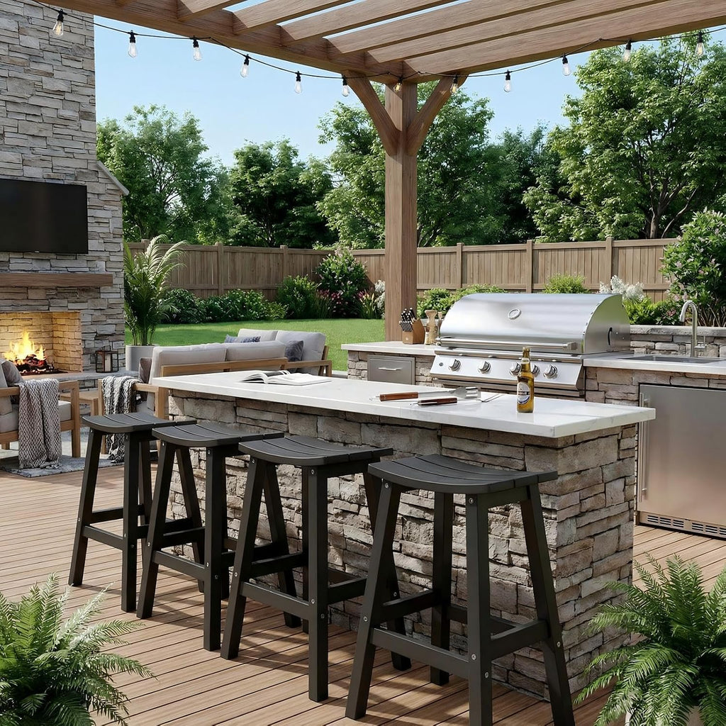 Stoog All-Weather Bar Stools Set of 2, 28" Outdoor Barstools with 400 lbs Capacity, Low Maintenance HIPS Patio Furniture for Kitchen Counter, Deck & Garden, Black