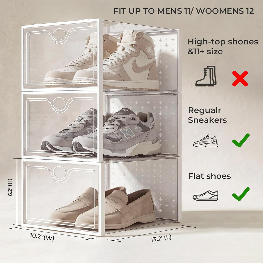 Pinkpum 15 Pack X-Large Shoe Storage Boxes Fit US Size 11, Shoe Organizer for Closet Clear Plastic Stackable Shoe Dispaly Case Holder Bins, Sneaker Storage for Sneakerheads White for Home and Family
