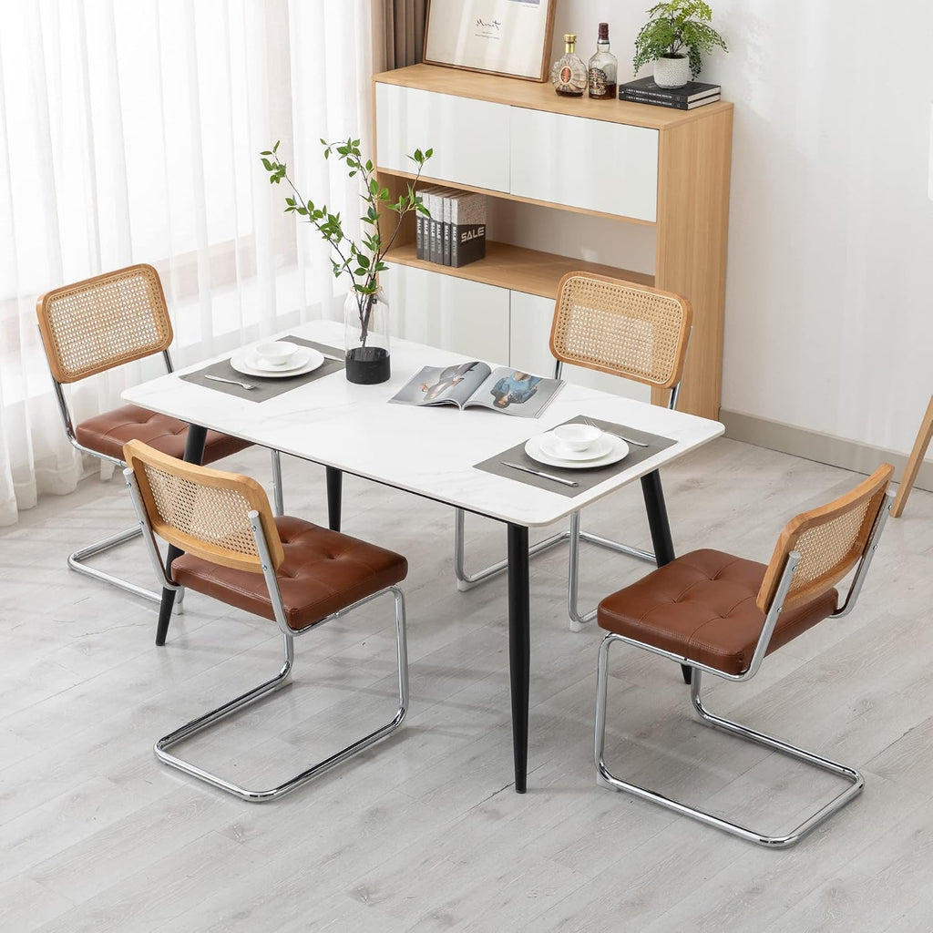 KCC Modern Dining Chairs Set of 2, Faux Leather Rattan Chair,Brown | Mid Century Kitchen Side Chairs with Metal Legs and Upholstered Seat for Dining Room,Living Room,Bedroom