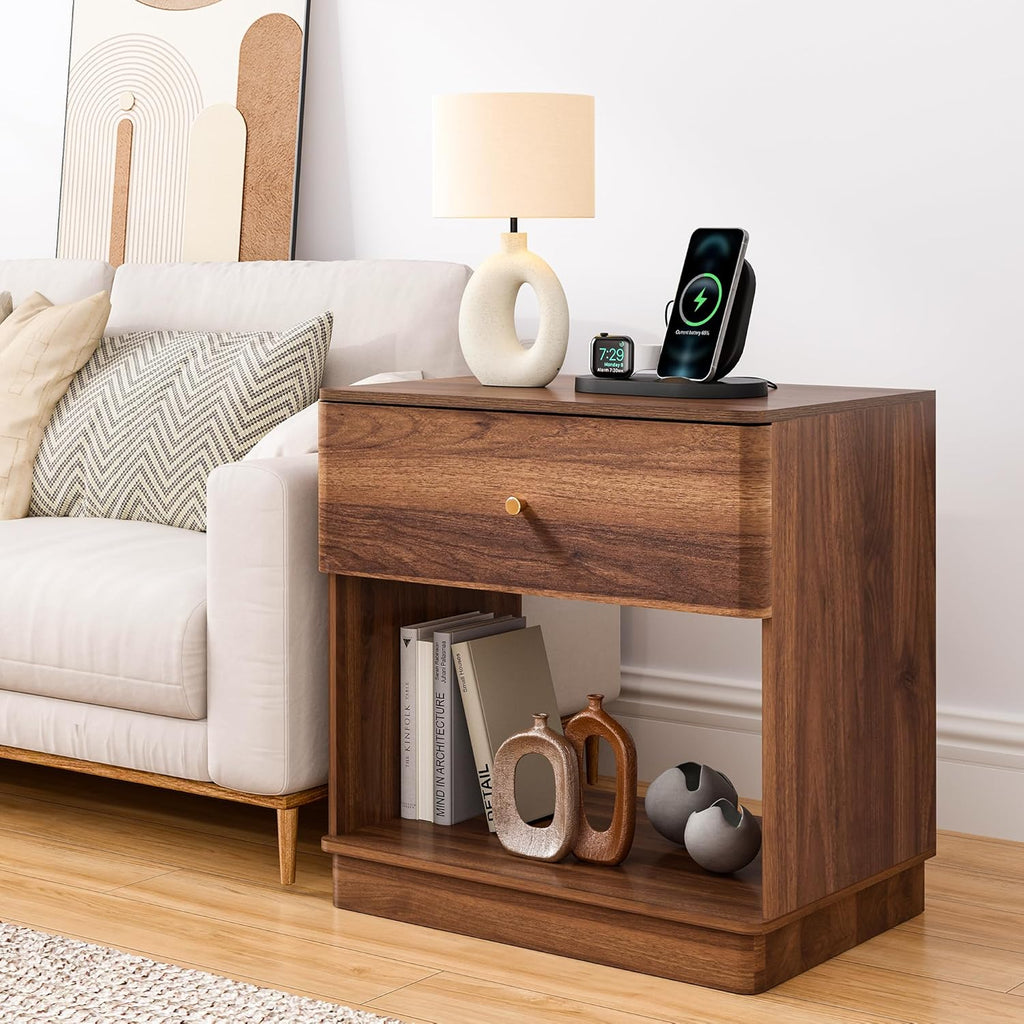 FurSch Modern End Table with Charging Station for Living Room, Wood Side Table with Drawer & Storage Shelf for Bedroom Couch Sofa (Walnut-1 pc)