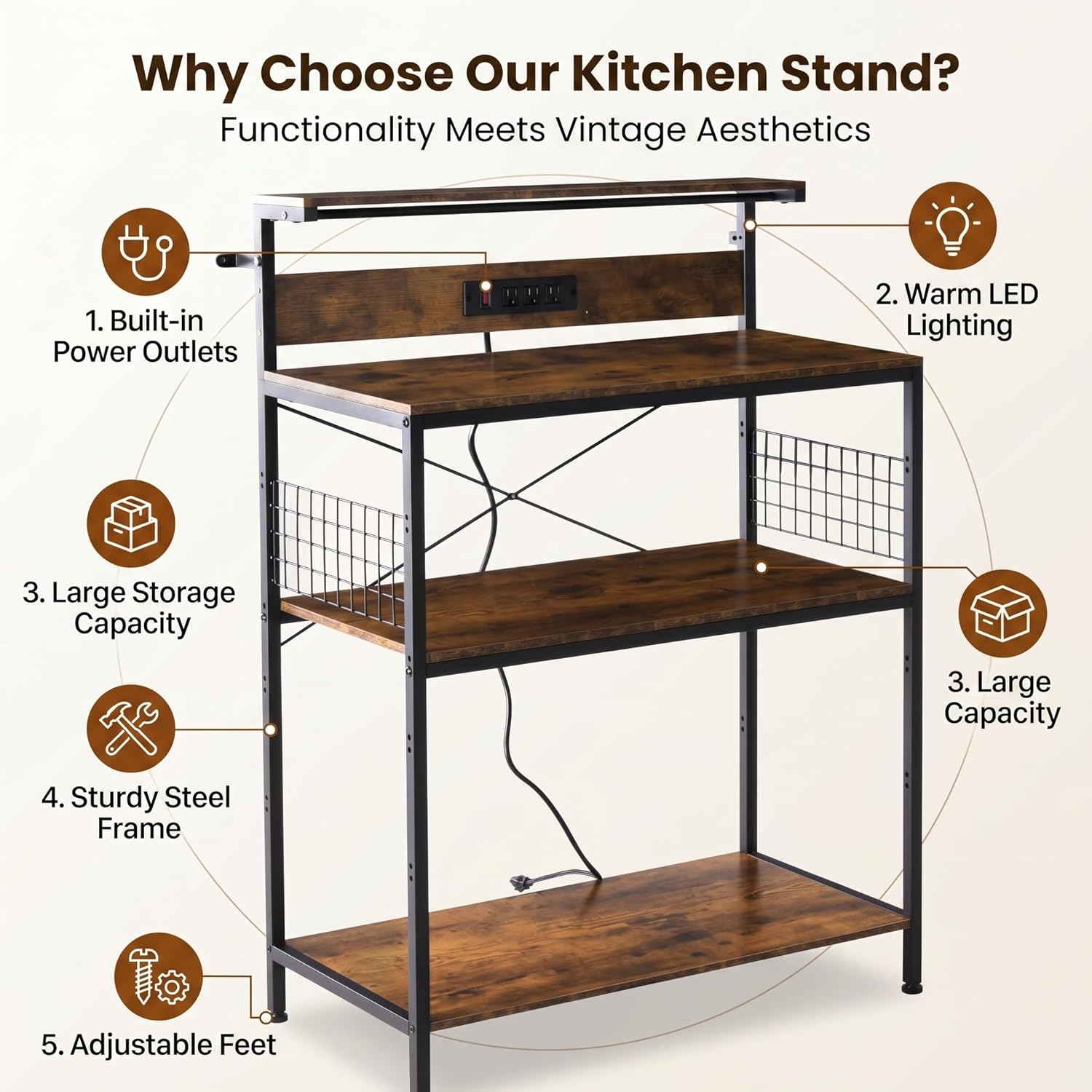 Antok Kitchen Baker's Rack with Power Outlets & USB Ports, 4-Tier Adjustable Microwave Stand, Industrial Kitchen Storage Shelf with Side Wire Baskets