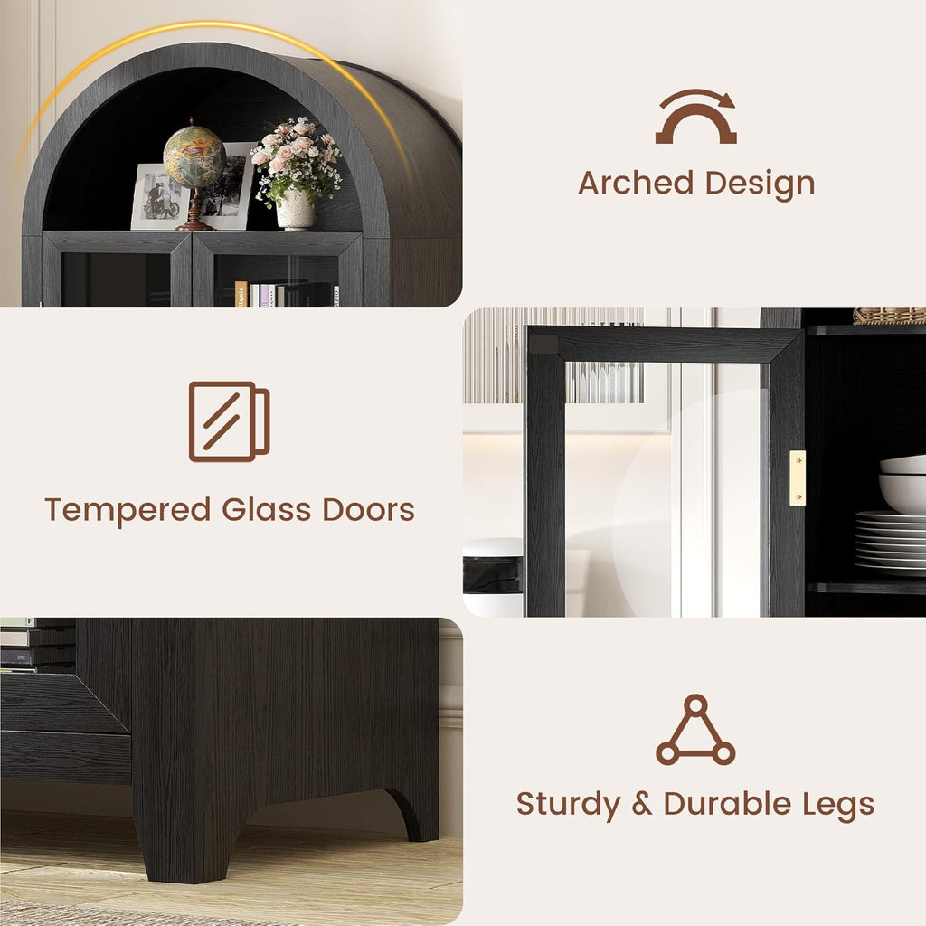 LVSOMT 71” Arched Curio Cabinet with Glass Doors, Display Cabinet with Human Sensor LED Light, 5 Tier China Cabinet with Adjustable Shelf, Tall Bookcase with Storage for Home Black