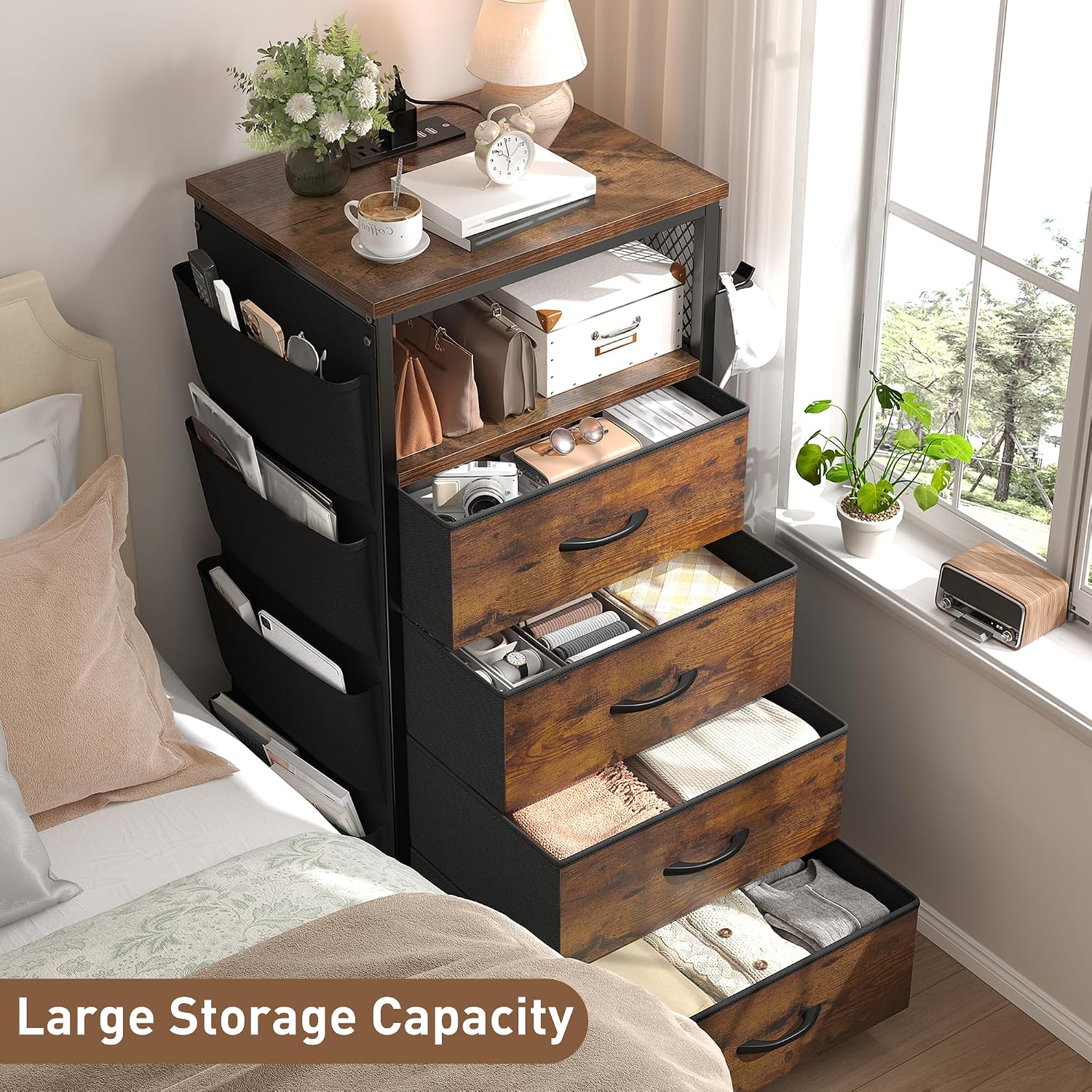 EnHomee LED Nightstand with Charging Station, Bedside Table with Fabric Drawers and Storage Shelf, Sturdy Steel Frame, Wood Top, Cloth Bags, Hooks, Brown