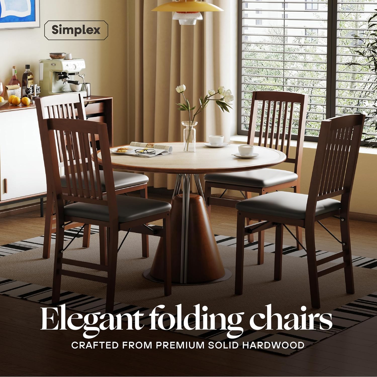 SIMPLEX Compact Folding Wood Dining Chairs – No Assembly, PU Leather Cushions, 400 lb Load Capacity, Space-Saving Design for Apartment & Kitchen Use (4 Pack)